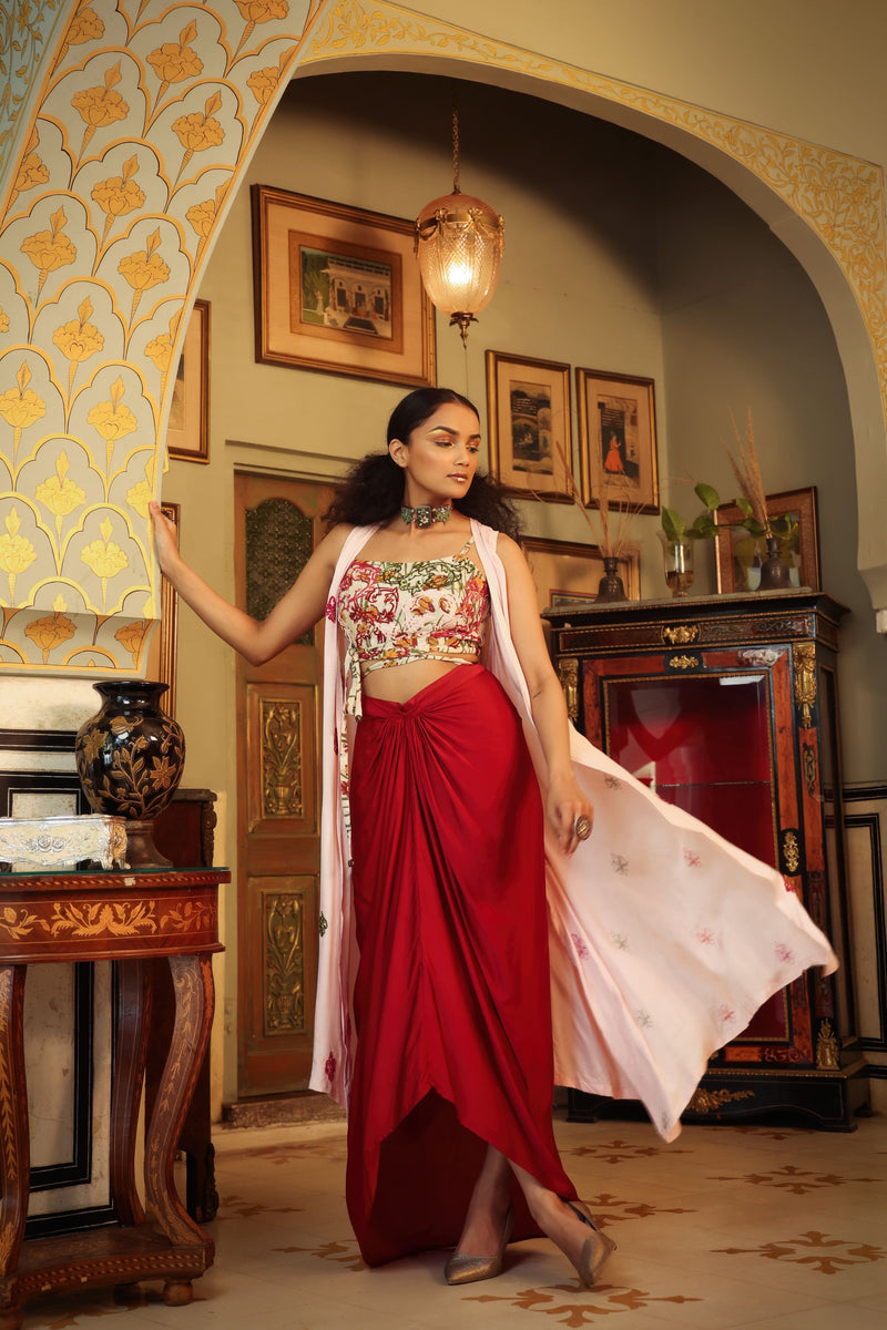 Dilruba ivory red pink rangeen tie up top with drape skirt and cape set