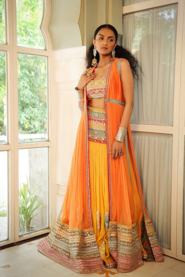 Dilruba narangi longline ruched jacket with  dilruba haseen lehenga and rangeen blouse set