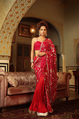 Dilruba rose red sitara saree with crush lehenga and corset blouse