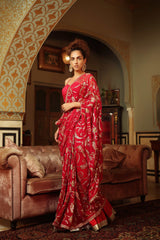 Dilruba rose red sitara saree with crush lehenga and corset blouse