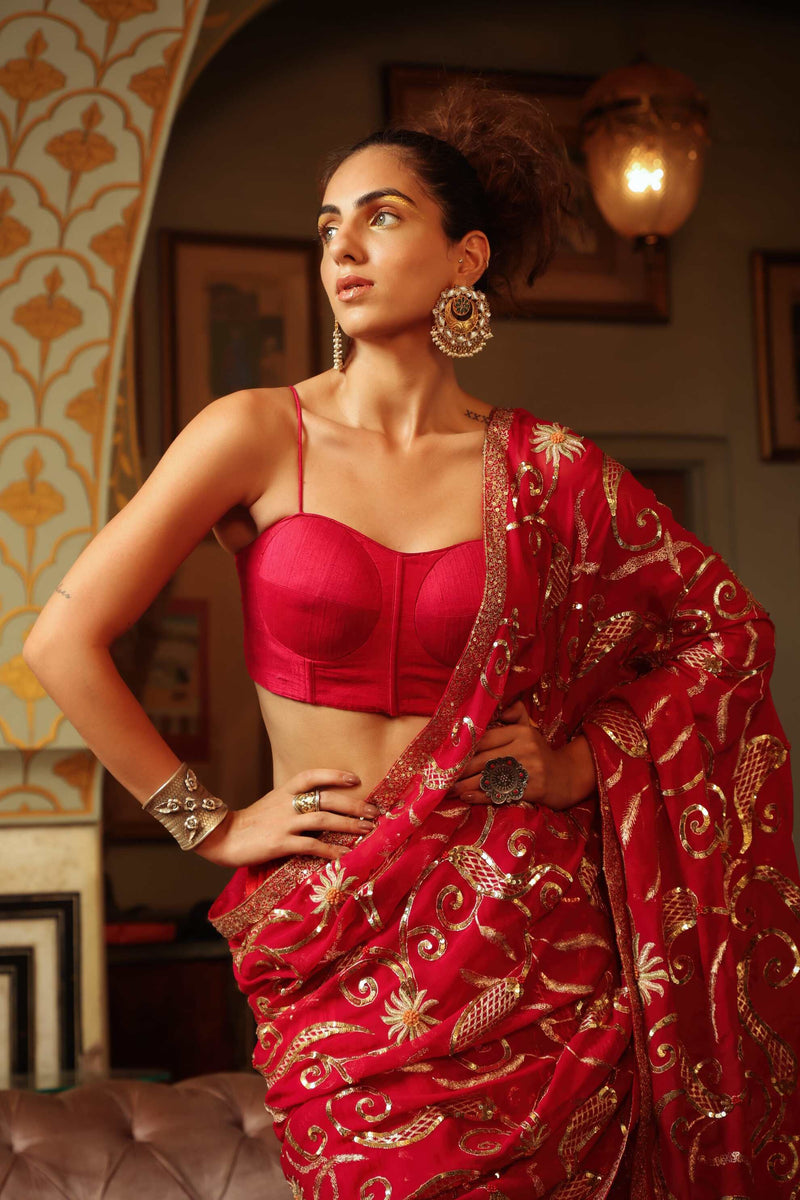 Rose Red Banarasi Organza Tissue Silk Saree with Leheriya Pattern -  Monastoor- Indian ethnical dress collections with more than 1500+  fashionable indian traditional dresses and ethnical jewelleries.