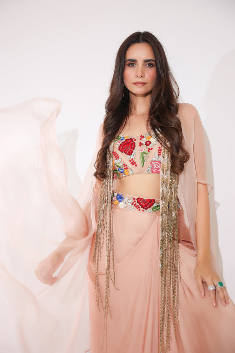 Haseena caramel brown drape skirt set