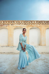 Turquoise Blue Silk Kurta Set-Indo Western-Pallavi Jaipur