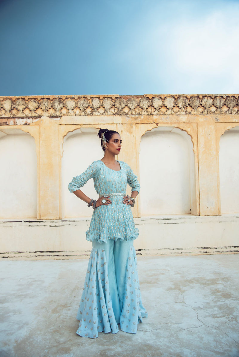 Turquoise Blue Silk Kurta Set-Indo Western-Pallavi Jaipur