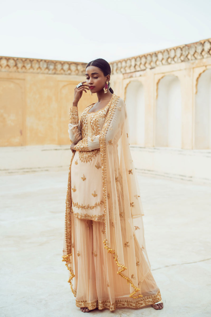 Beige Kurta Sharara Set-Indian wear-Pallavi Jaipur