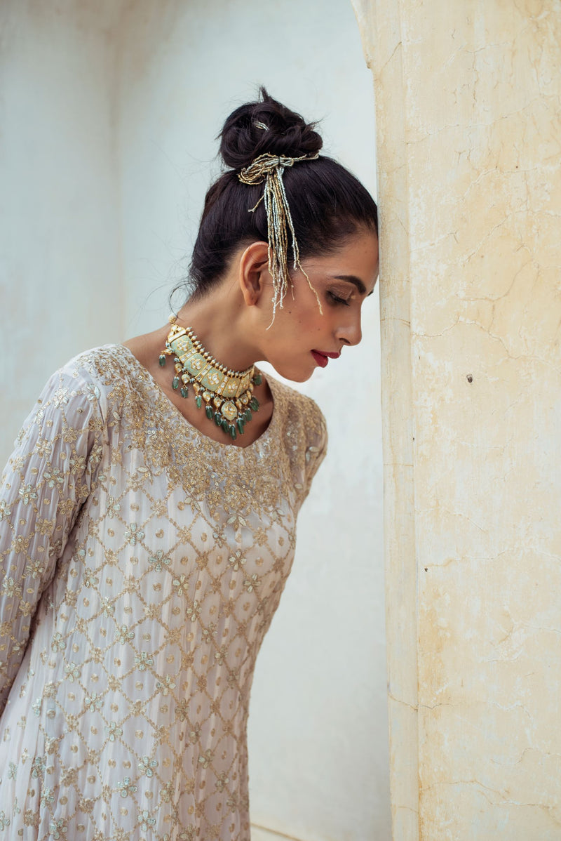 Almond Beige Embroidered Anarkali Set-Indian wear-Pallavi Jaipur