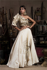 Fawn Off Shoulder Crop Top with Skirt-Indo Western-Pallavi Jaipur