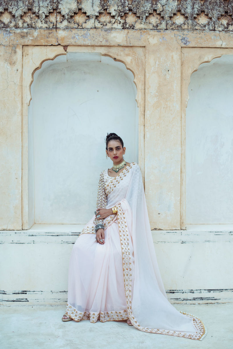 Almond Pink Embroidered Tulle Saree-Indian wear-Pallavi Jaipur