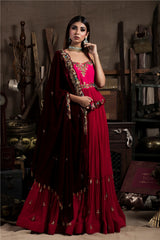 Red Embroidered Lehenga Set With Cape-Indian wear-Pallavi Jaipur