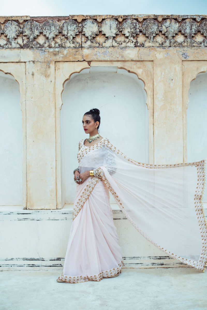 Almond Pink Embroidered Tulle Saree-Indian wear-Pallavi Jaipur