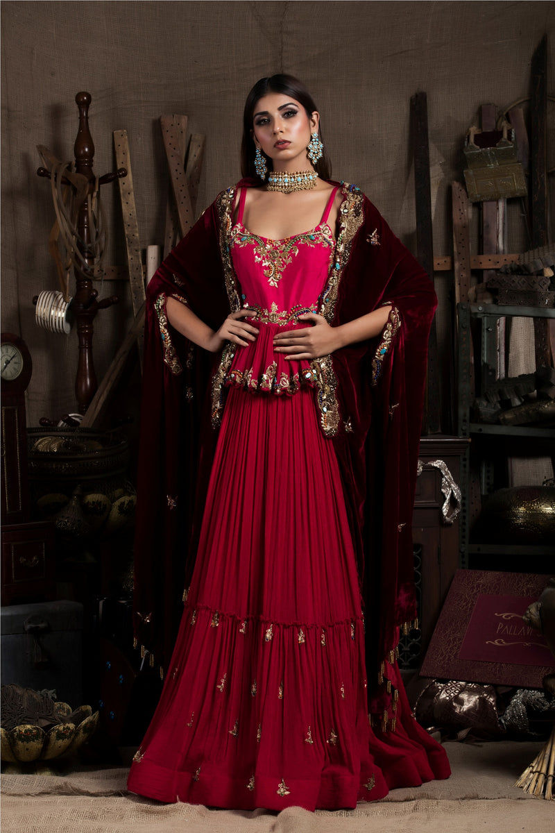 Red Embroidered Lehenga Set With Cape-Indian wear-Pallavi Jaipur