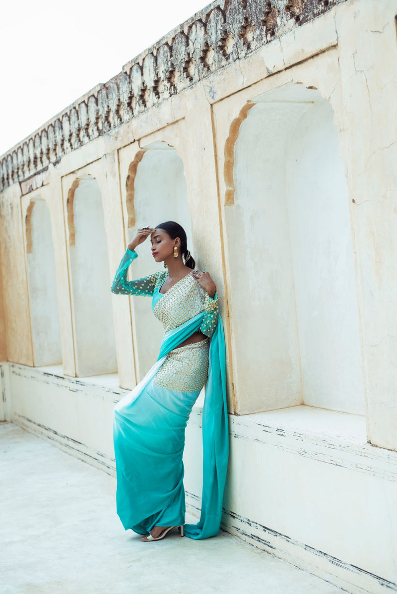 Ombre Blue Silk Embroidered Saree-Indian wear-Pallavi Jaipur