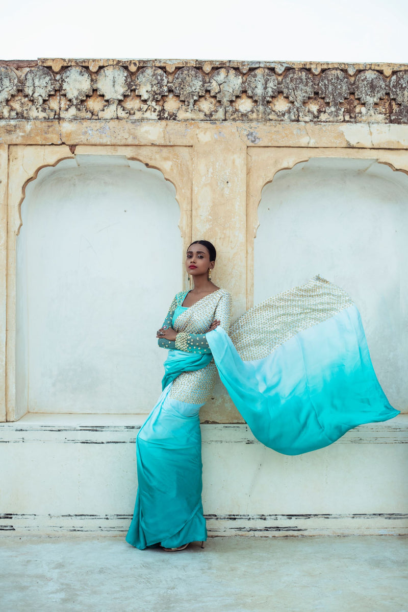 Ombre Blue Silk Embroidered Saree-Indian wear-Pallavi Jaipur