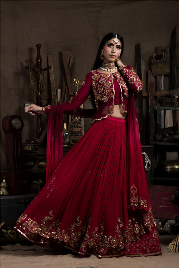 Red Chiffon Double Layered Lehenga Set-Indian wear-Pallavi Jaipur