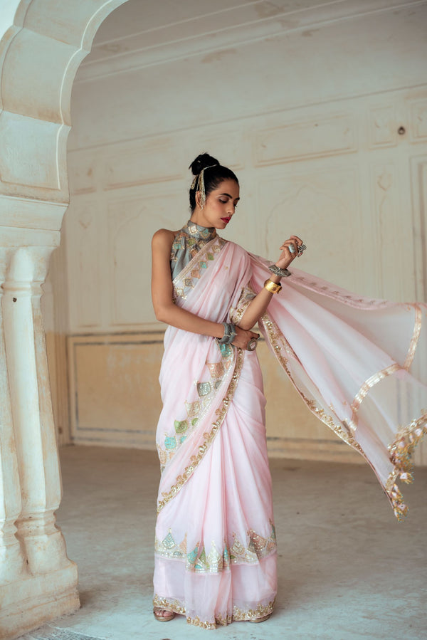 Soft Pink Silk Embroidered Saree-Indian wear-Pallavi Jaipur