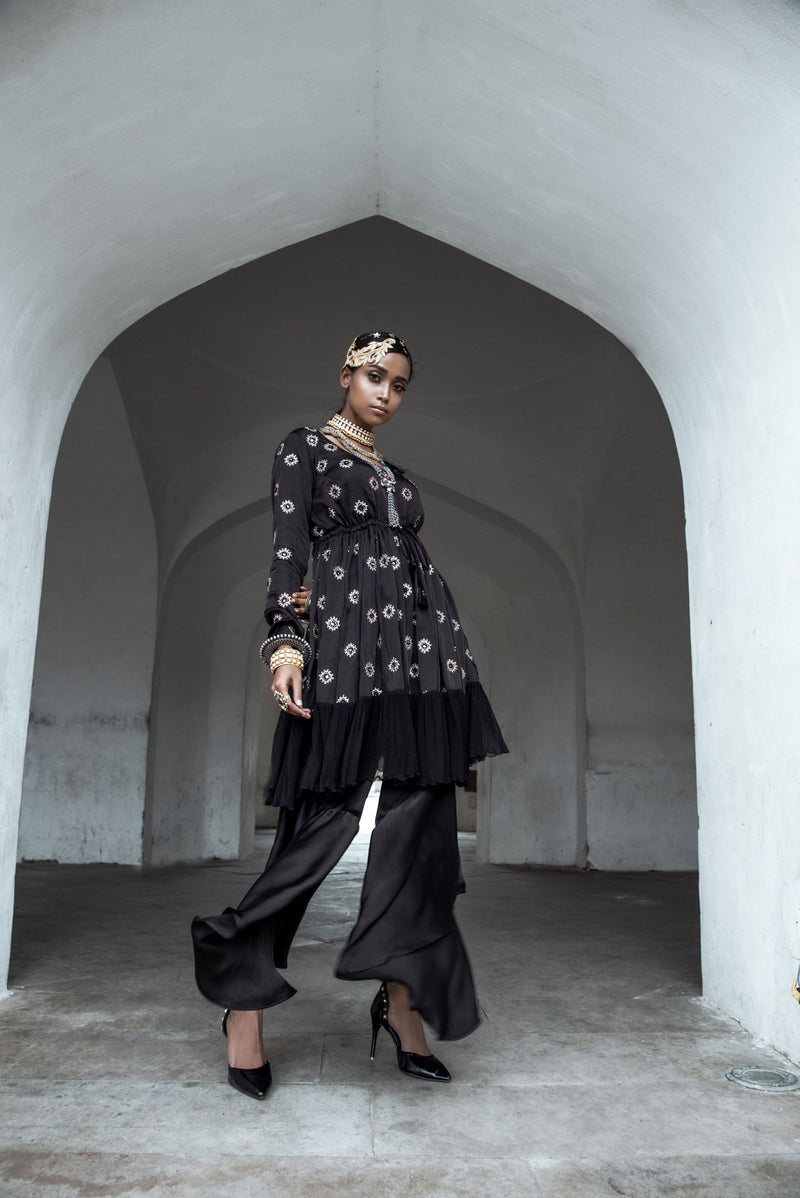 Black Satin Frill Kurta Asymmetrical Pant Pallavi Jaipur