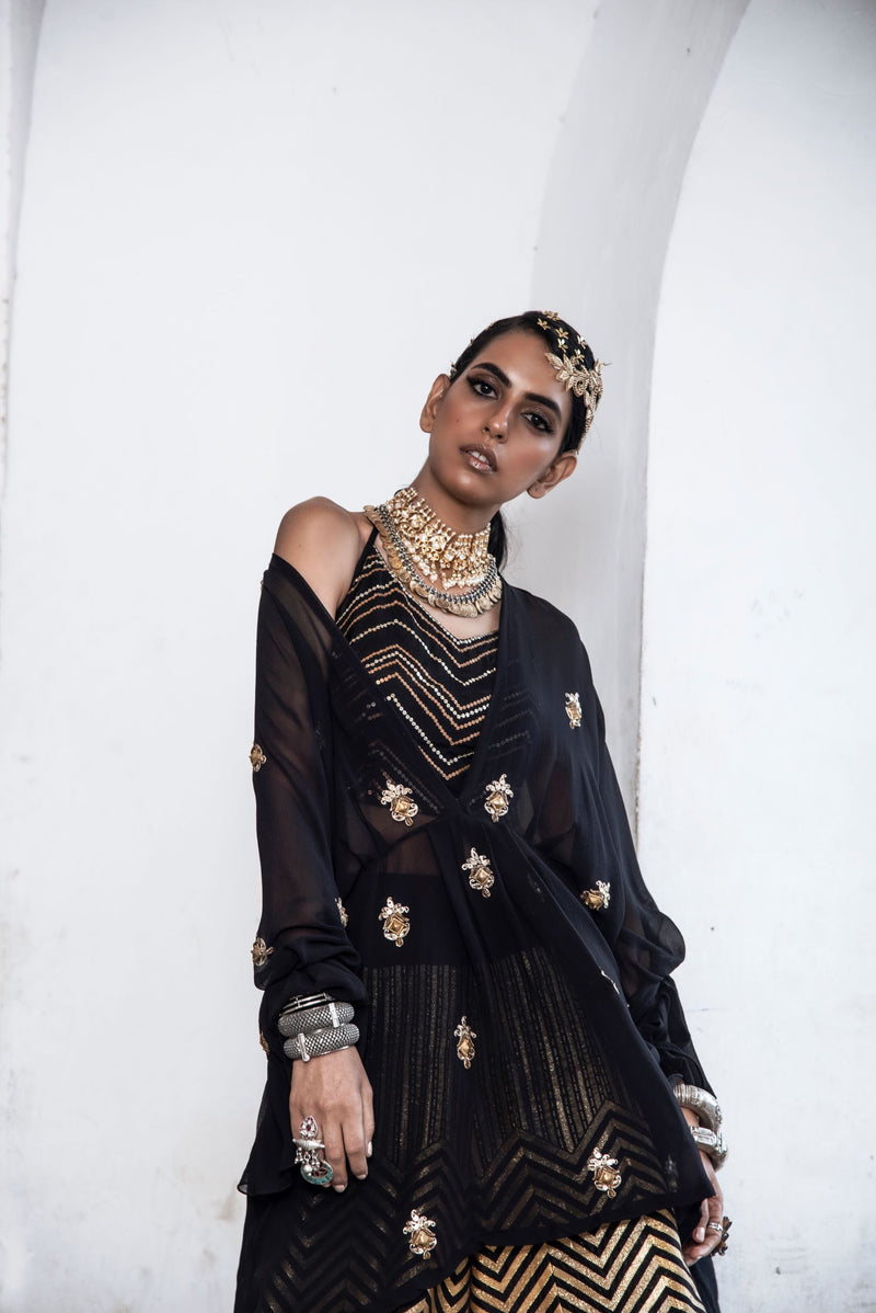 Black Embroidered Kimono Kurta Set-Indo Western-Pallavi Jaipur
