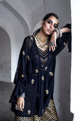 Black Embroidered Kimono Kurta Set-Indo Western-Pallavi Jaipur