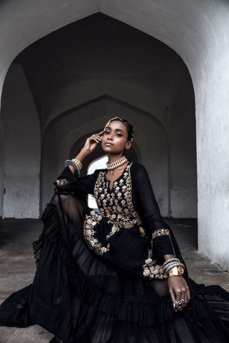 Black Zardosi Layered Long Dress | Pallavi Jaipur Black Zardosi Layered Long Dress | Pallavi Jaipur