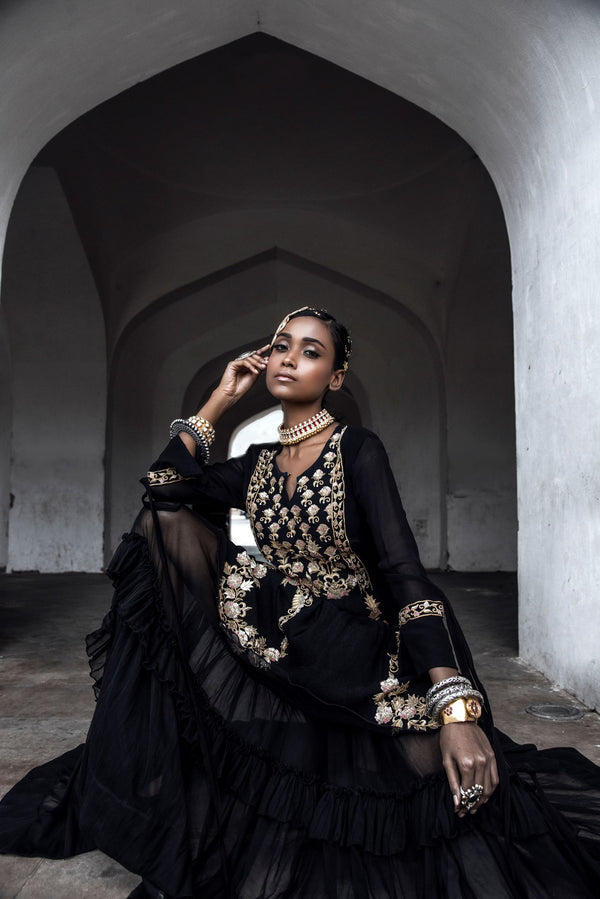 Black Zardosi Layered Long Dress-Indian wear-Pallavi Jaipur