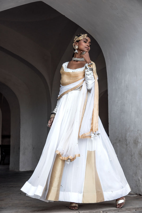 Ivory Anarkali Churidar Dupatta Set-Indian wear-Pallavi Jaipur