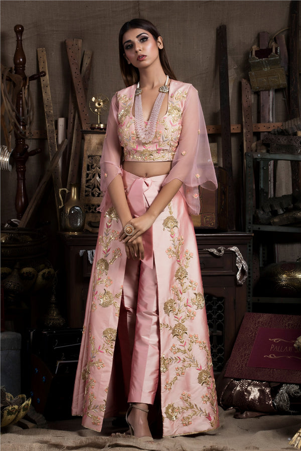 Pink Crop Top with Pants and Wrap Skirt-Indo Western-Pallavi Jaipur