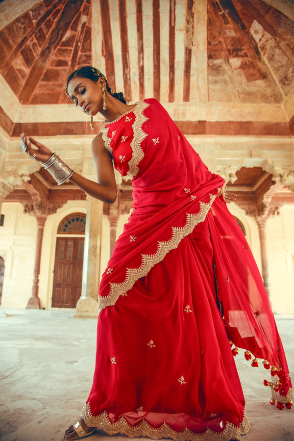 Red Silk Chiffon Embroidered Saree-Indian wear-Pallavi Jaipur