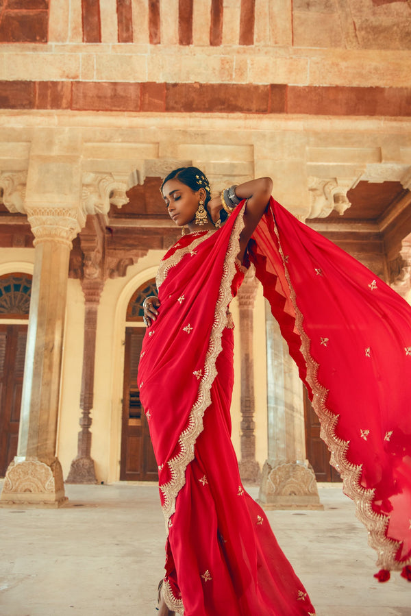 Red Silk Chiffon Embroidered Saree-Indian wear-Pallavi Jaipur