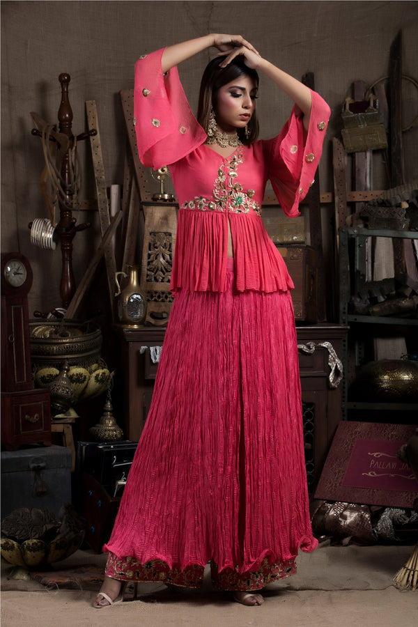 Raspberry Tunic with Crush Skirt Palazzo-Indo Western-Pallavi Jaipur