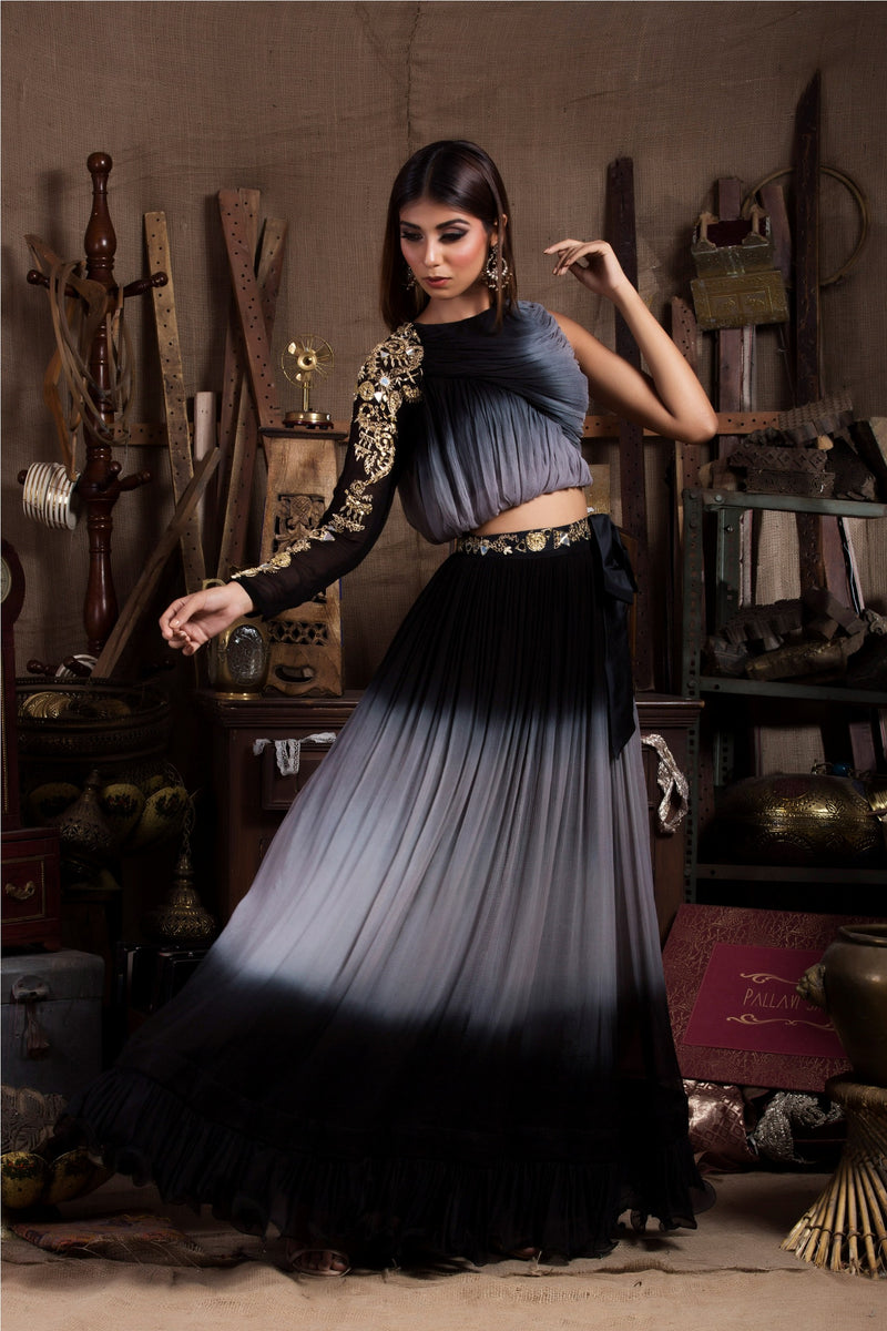 Black Grey Shaded Top with Skirt-Indo Western-Pallavi Jaipur
