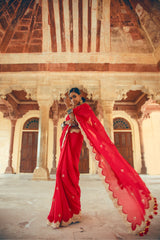 Red Silk Chiffon Embroidered Saree-Indian wear-Pallavi Jaipur