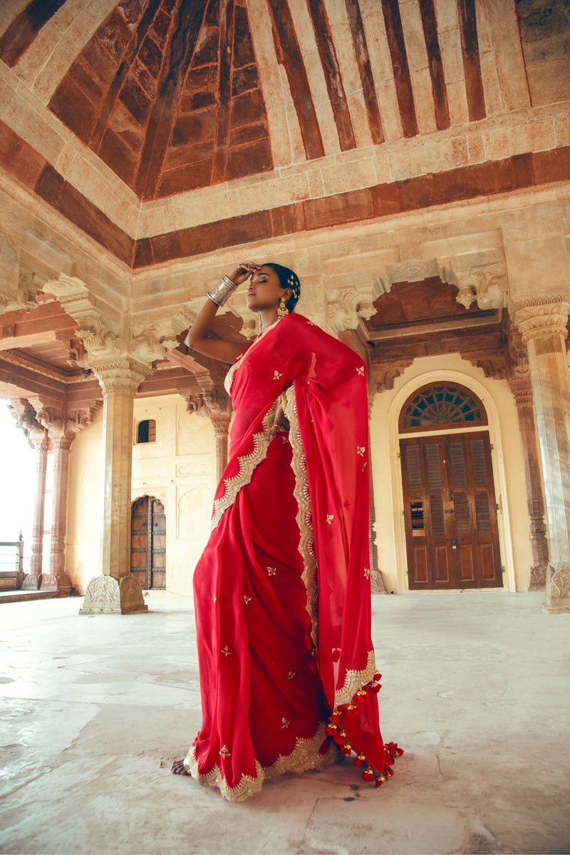 Red Silk Chiffon Embroidered Saree-Indian wear-Pallavi Jaipur