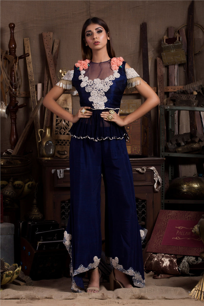 Midnight Blue Top with Pants-Indo Western-Pallavi Jaipur