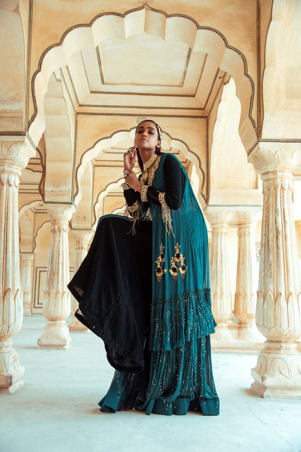 Bottle Green Crop Top Jacket Set-Indian wear-Pallavi Jaipur