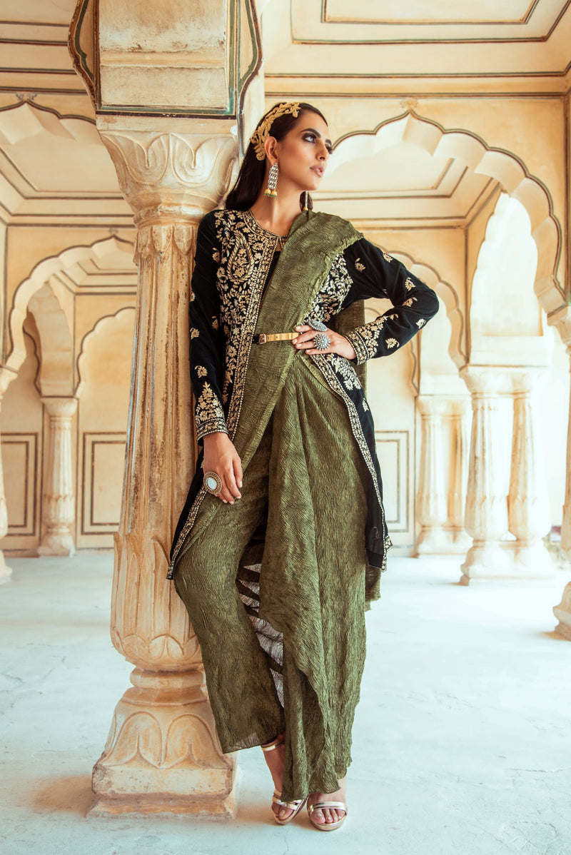 Dark Green Velvet Jacket and Saree Pant Set Pallavi Jaipur