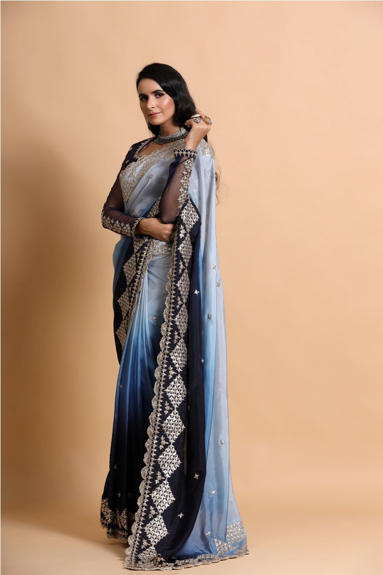 Blue Ombre Shaded Saree Blouse Set