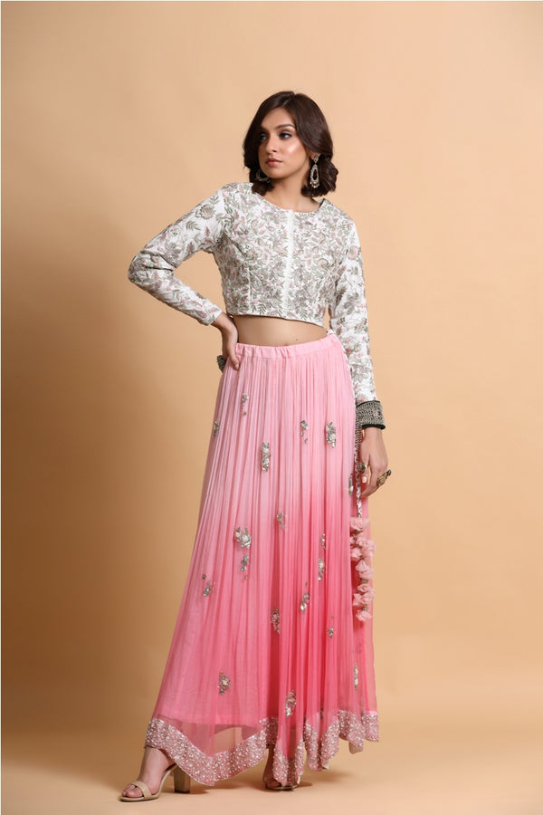 Pink shaded Embroidered Lehenga Set With Ivory Blouse