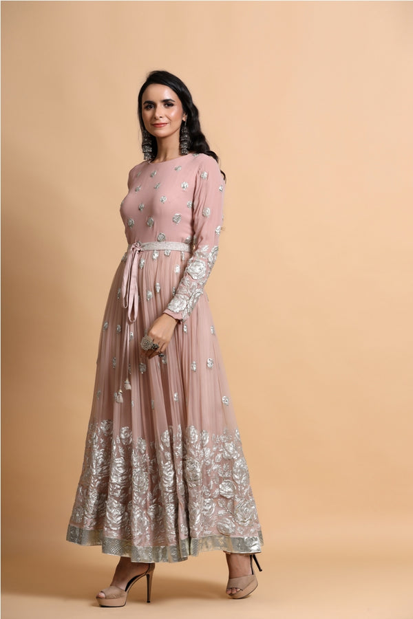 Salmon pink anarkali suit set