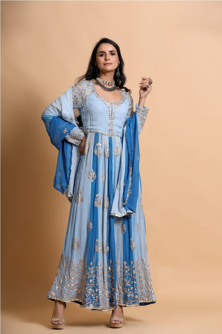 Blue Pittan Embroidered Anarkali Set