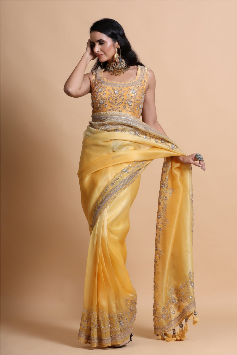 Mango Yellow shaded Organza Saree with Blouse