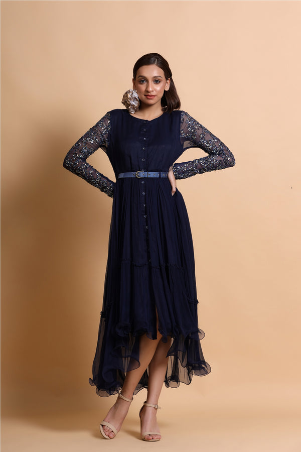 Navy blue button down sleeves midi