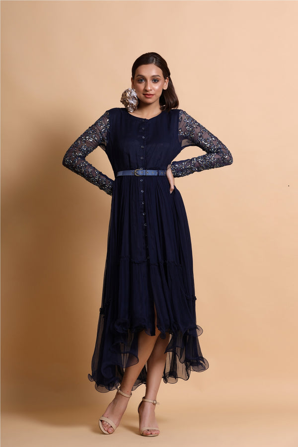 Navy blue button down sleeves midi with abstract chiffon cape and belt