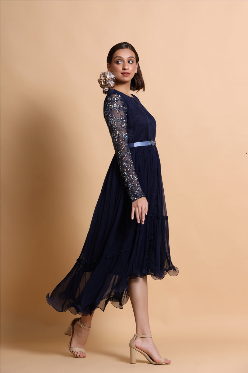 Navy blue button down sleeves midi with abstract chiffon cape and belt