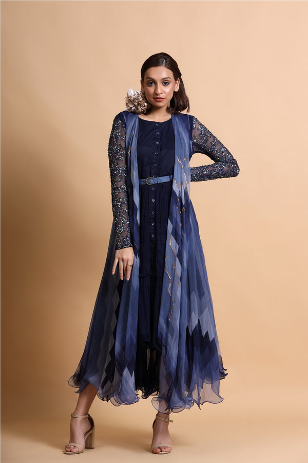 Navy blue button down sleeves midi with abstract chiffon cape and belt