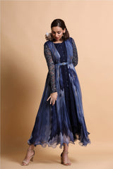 Navy blue button down sleeves midi with abstract chiffon cape and belt