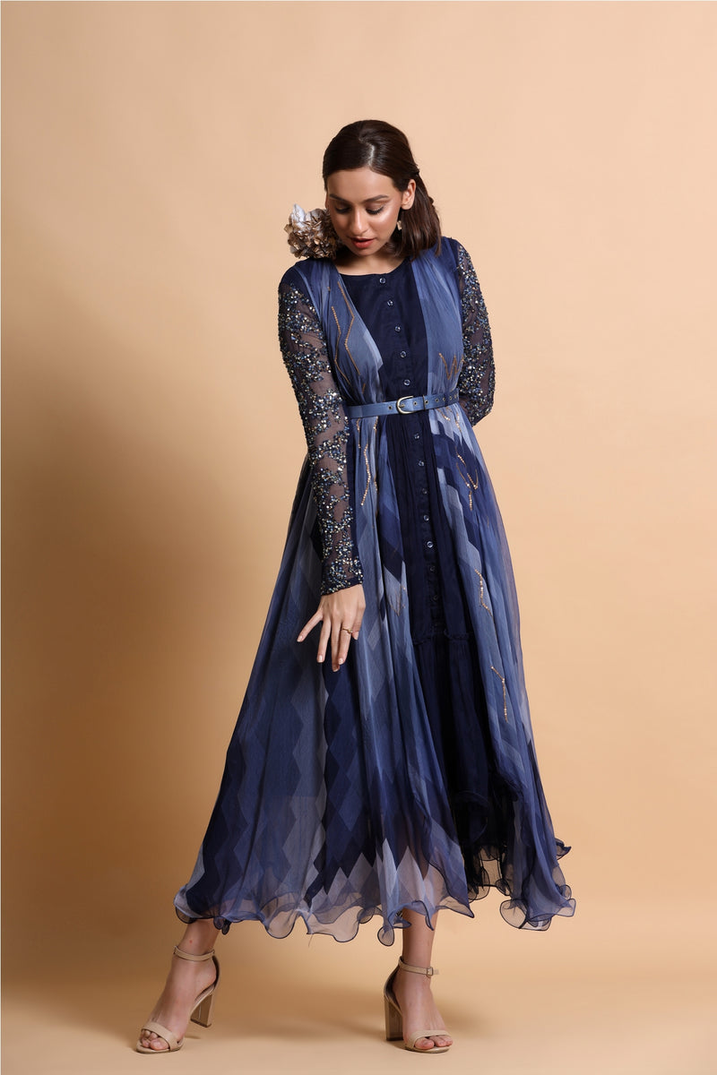 Navy blue button down sleeves midi with abstract chiffon cape and belt