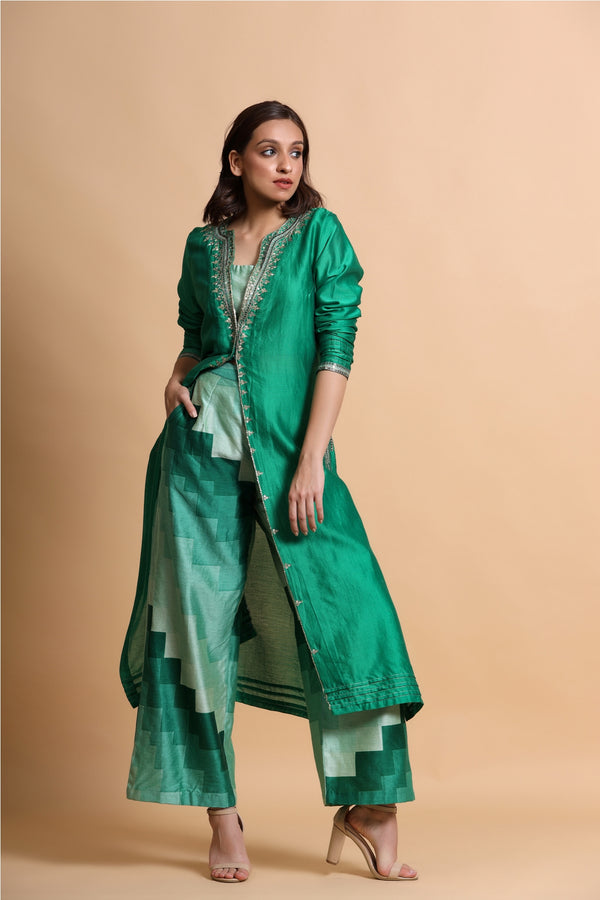 Green chanderi  jacket with abstract crop top and culottes