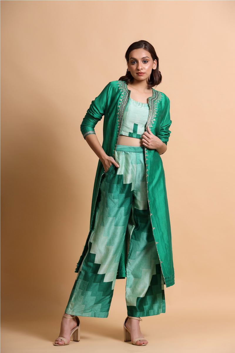 Green chanderi  jacket with abstract crop top and culottes