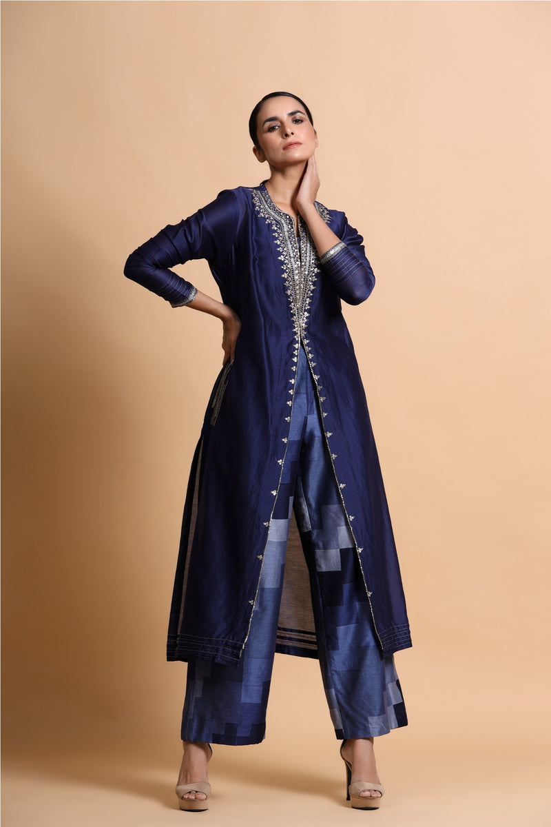 Navy blue chanderi  jacket with abstract crop top and culottes