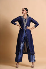 Navy blue chanderi  jacket with abstract crop top and culottes